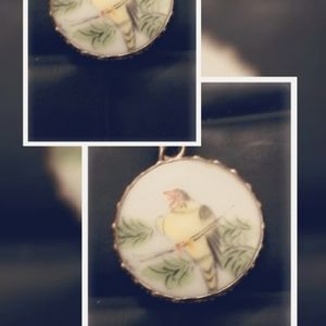 Vintage Hand Painted Porcelain and Sterling Silver Asian Pendant Necklace